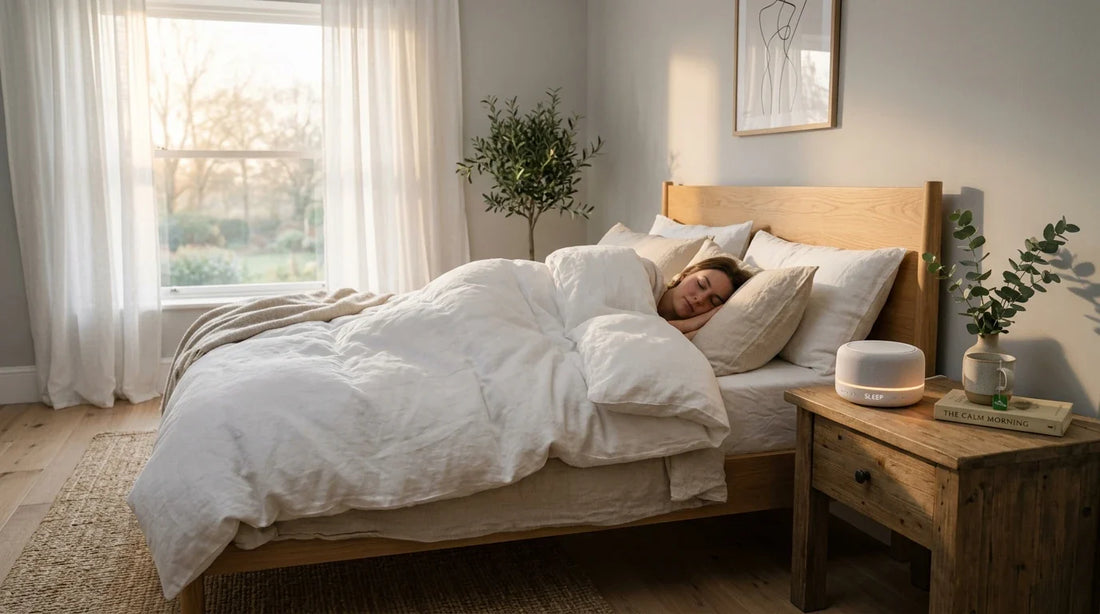 Peaceful bedroom with white noise machine at sunrise — Velnox sleep ritual