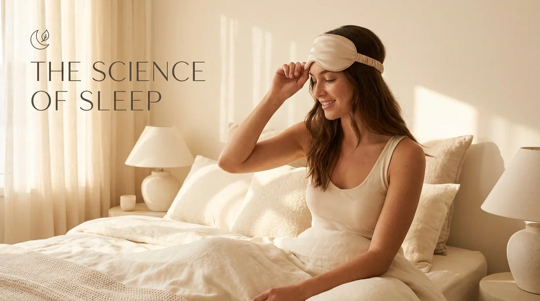Woman wearing silk eye mask in morning light — Velnox sleep wellness